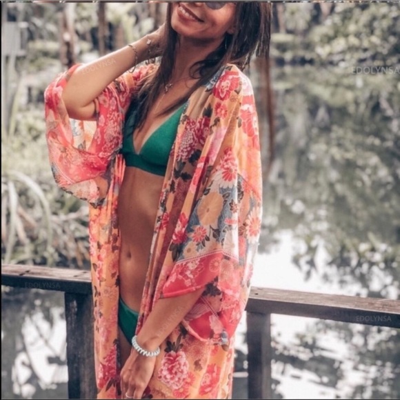 Floral Boho Long Kimono Duster Coverup Robe - Picture 7 of 8